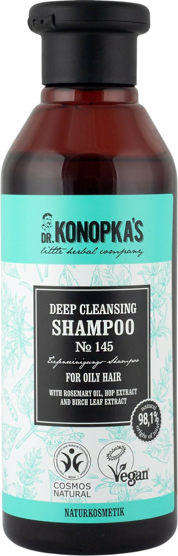 Shampoo purificante biologico Dr. Konopka's N°145 per capelli grassi, certificato vegan e BDIH. Formula con rosmarino e betulla per freschezza e lucentezza.