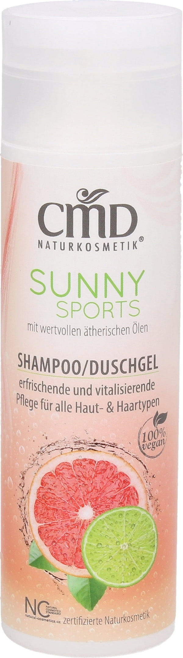 CMD Naturkosmetik Sunny Sports Shampoo & Gel Doccia, detergente rinfrescante per corpo e capelli dopo lo sport, con olio di pompelmo e provitamina B5. Prodotto vegano certificato.