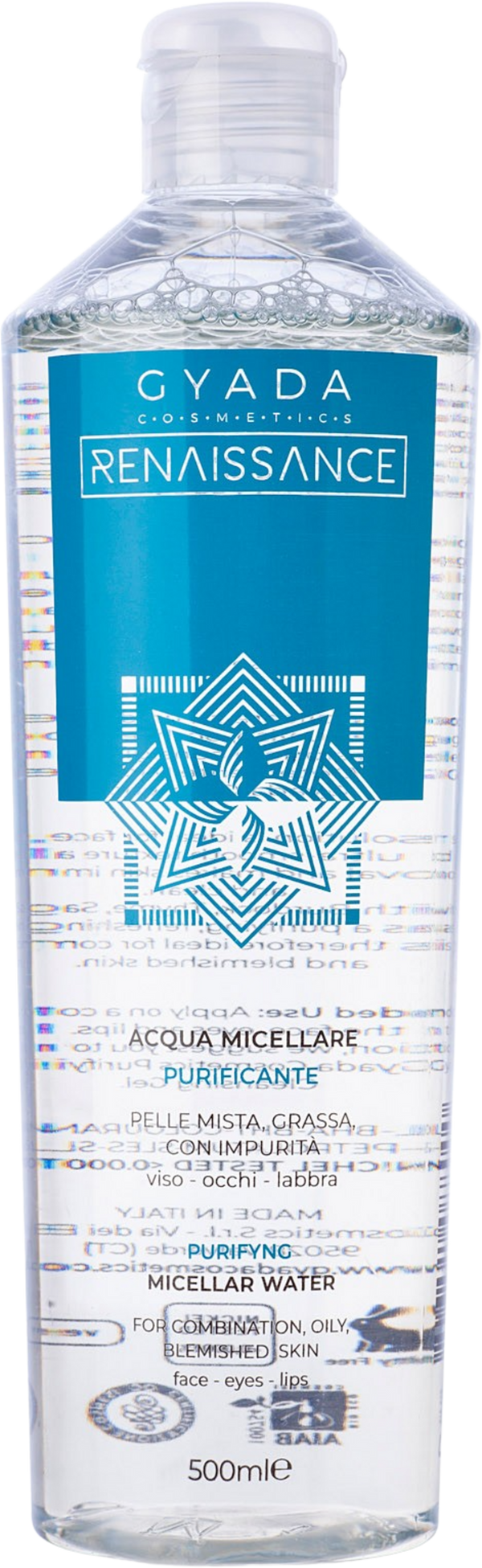 Acqua Micellare Purificante Gyada Cosmetics Renaissance 500ml per pelli miste e grasse. Flacone elegante su sfondo neutro con ingredienti naturali in evidenza.