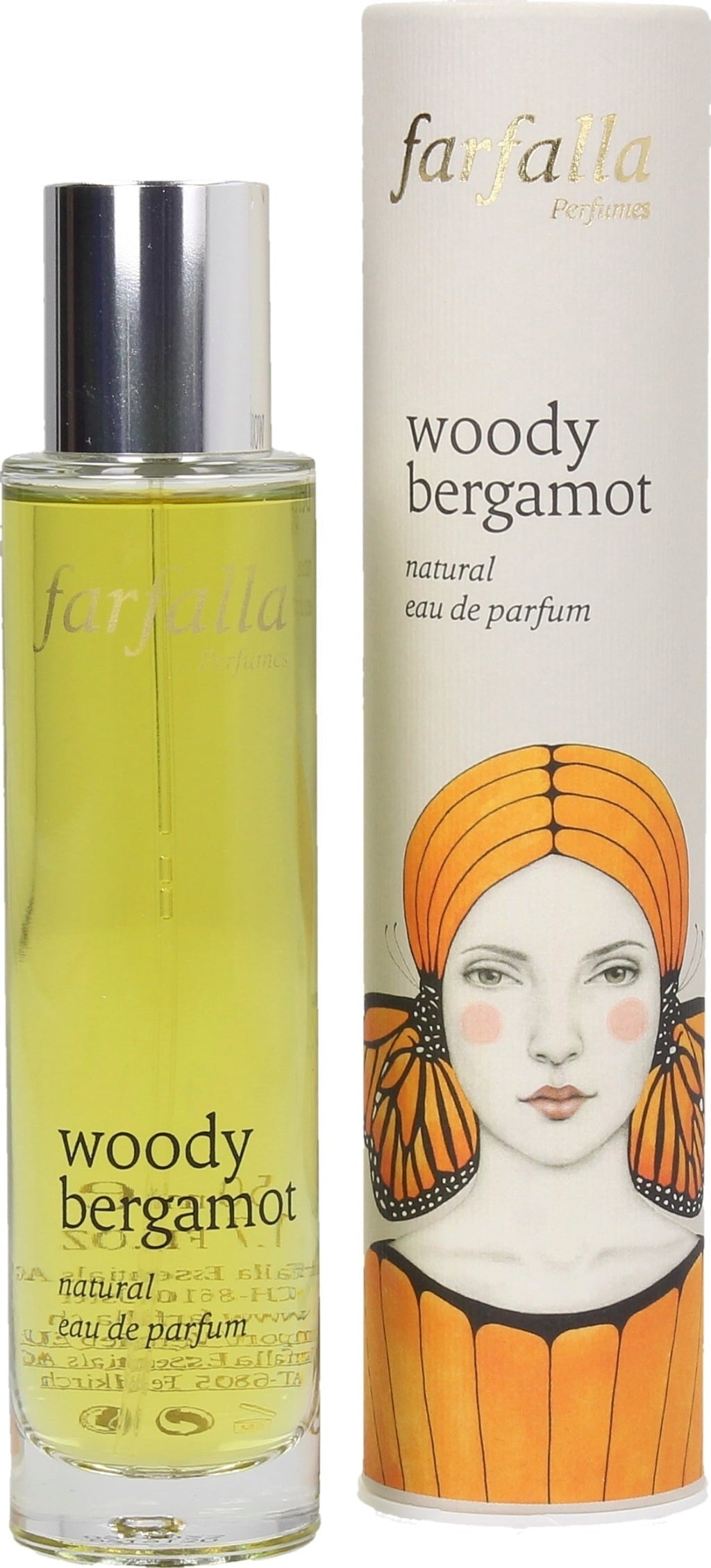 Profumo naturale farfalla Woody Bergamot 50 ml, fragranza agrumata e legnosa, flacone su sfondo neutro