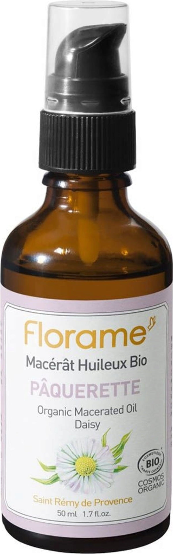 Florame Macerato Oleoso di Margherite in bottiglia di vetro da 50 ml, per una pelle tonica e rassodata. Il prodotto è un olio naturale per viso e corpo con estratto di margherite.