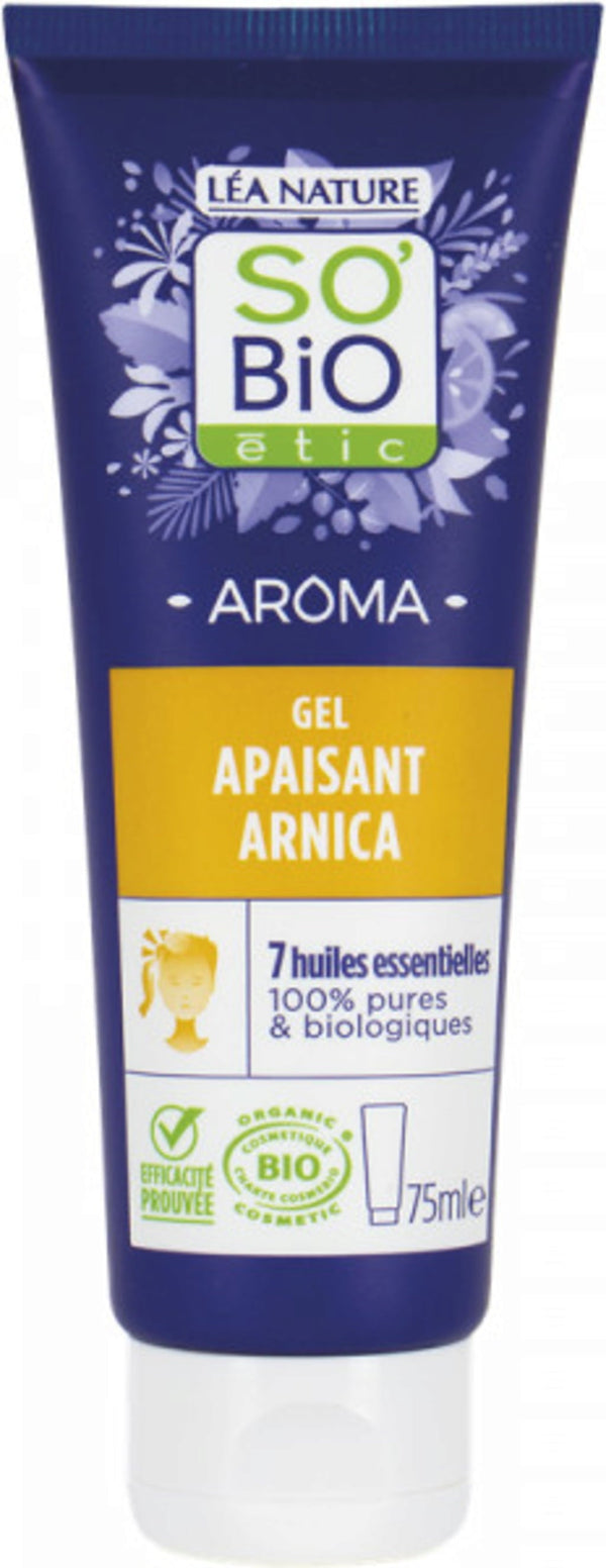 Flacone di Gel Lenitivo all'Arnica e oli essenziali LÉA NATURE SO BiO étic, per massaggi rilassanti e benessere della pelle. Certificato bio. VeroBelloBio.