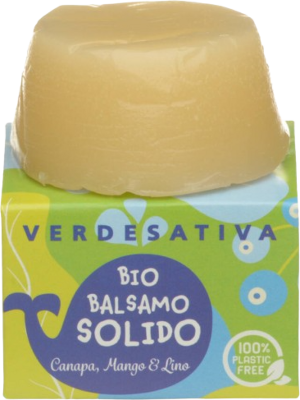 Balsamo solido Verdesativa con canapa, mango e semi di lino per capelli sani e luminosi, packaging senza plastica. Illustra una donna sorridente con capelli naturali e sani, in un ambiente luminoso.