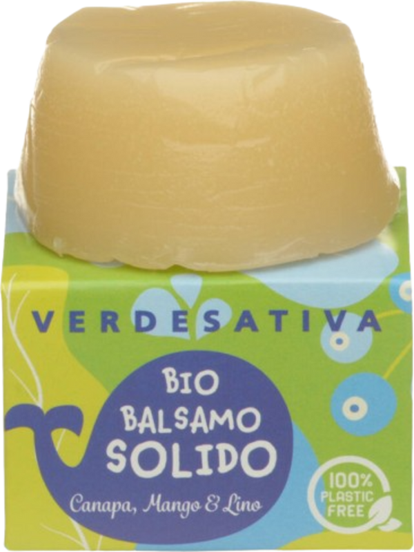 Balsamo solido Verdesativa con canapa, mango e semi di lino per capelli sani e luminosi, packaging senza plastica. Illustra una donna sorridente con capelli naturali e sani, in un ambiente luminoso.