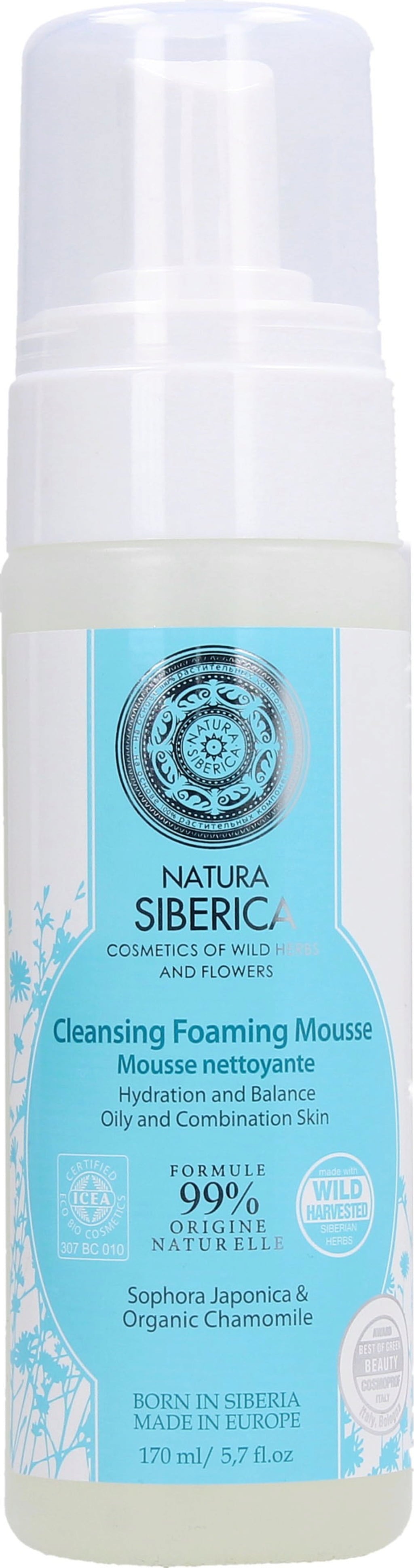 Mousse detergente purificante Natura Siberica per pelle grassa e mista, 170 ml, formula bio con camomilla e albero di pagoda