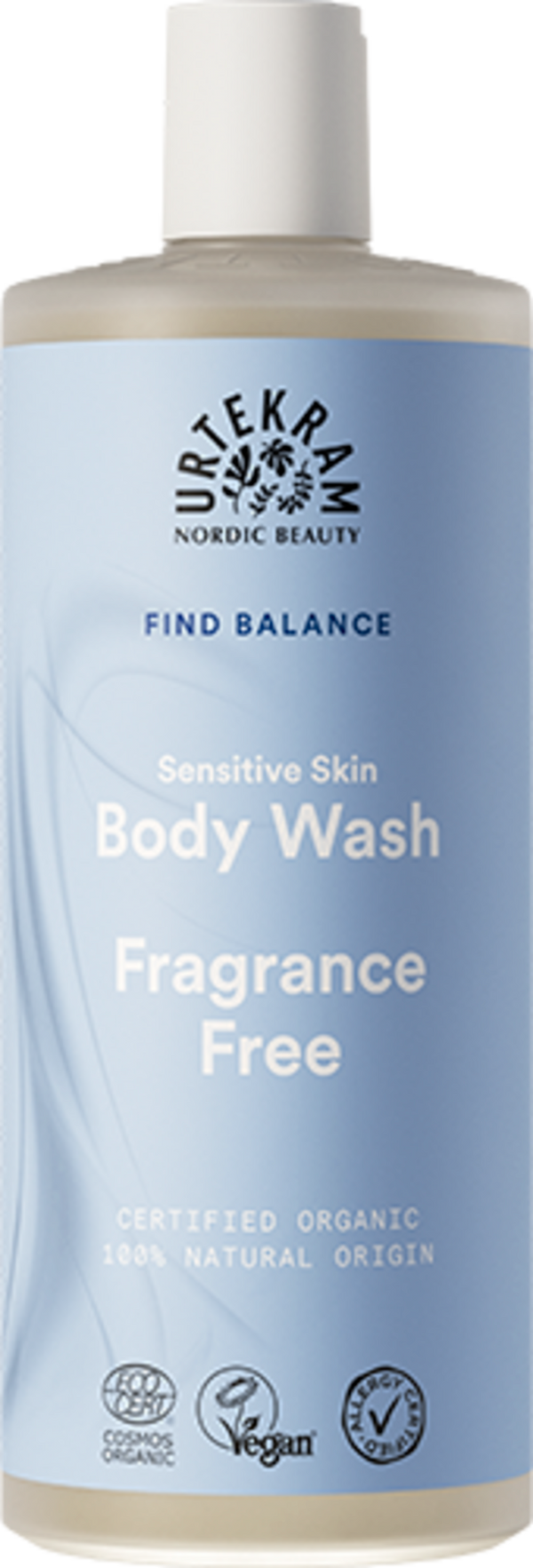 Bagnoschiuma Urtekram Fragrance Free 500ml per pelli sensibili e allergiche, con aloe vera bio e squalano. VeroBelloBio.