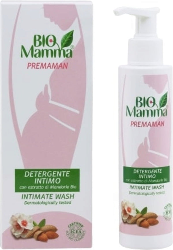 Pilogen Bio Mamma Detergente Intimo 150ml con estratti bio di mandorle, camomilla e aloe per l'igiene intima delicata in gravidanza e post-partum. Flacone elegante e naturale.