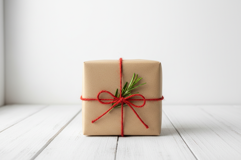 A cute small gift box wrapped in recycled kraft paper with a red string and a sprig of rosemary, sitting on a white wooden table.