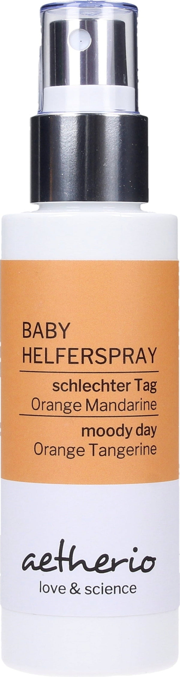 aetherio Spray Baby Giornata No 50ml: spray aromaterapeutico biologico con oli essenziali di mandarino e arancia per il benessere e la serenità dei bambini. Immagine del flacone su sfondo neutro.