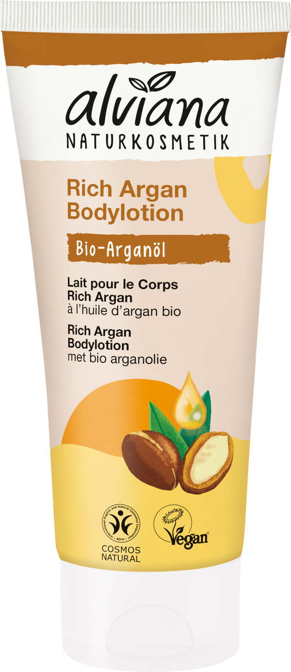 Lozione corpo biologica alviana Naturkosmetik Rich Argan con oli preziosi, 200 ml, per idratare e levigare la pelle di tutti i tipi, con profumo delicato.