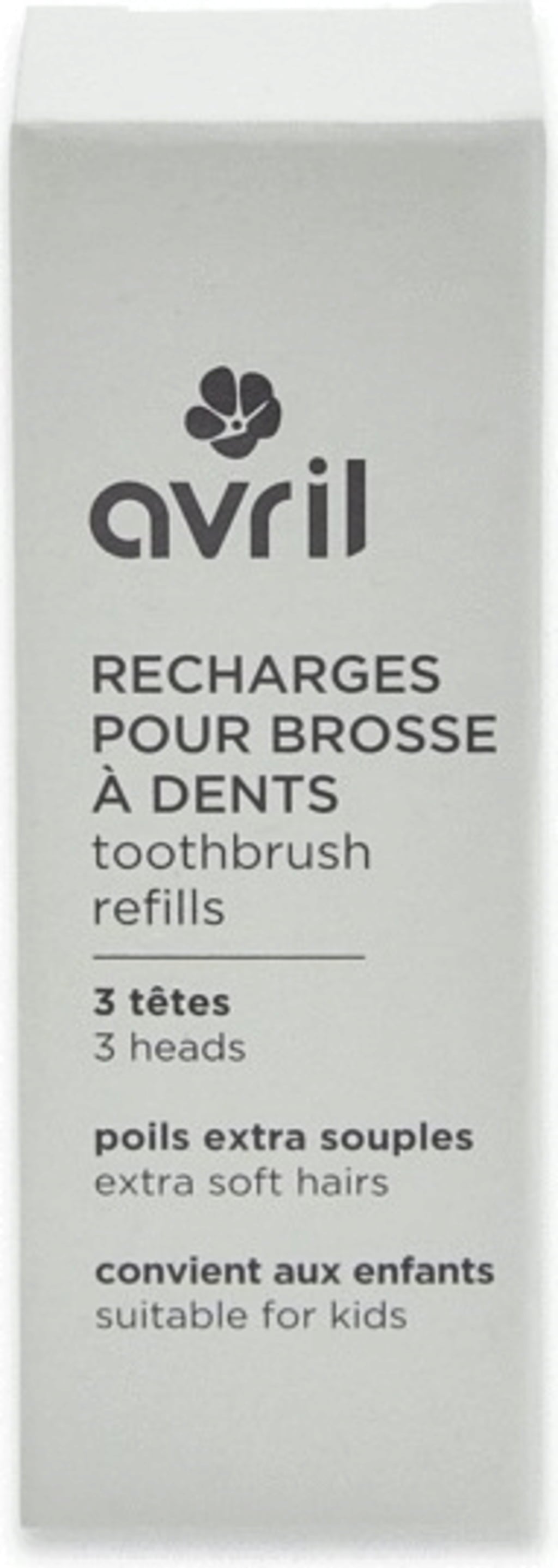 Set di 3 testine di ricambio Avril per spazzolino bambini con setole morbide, design ecologico per igiene orale consapevole.