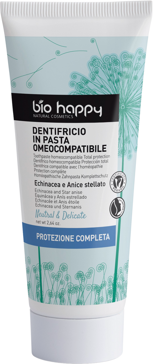 Dentifricio Bio Happy Neutral & Delicate omeocompatibile con echinacea e anice stellato, per igiene orale quotidiana e protezione totale.