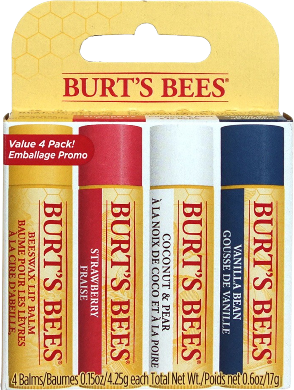 Set di balsami labbra Burt's Bees con profumazioni assortite (Cera d'Api, Vaniglia, Fragola, Cocco & Pera), confezione regalo. Perfetto per labbra idratate e naturali.