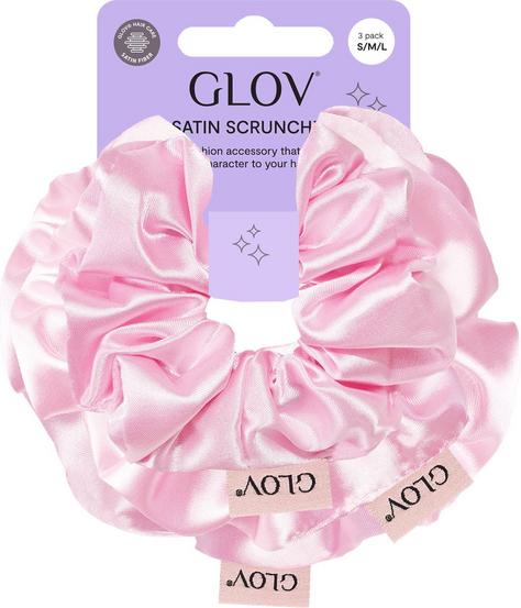 GLOV Scrunchies in raso rosa per capelli, 3 pezzi S/M/L. Accessori vegani e lavabili per una bellezza consapevole e senza filtri.