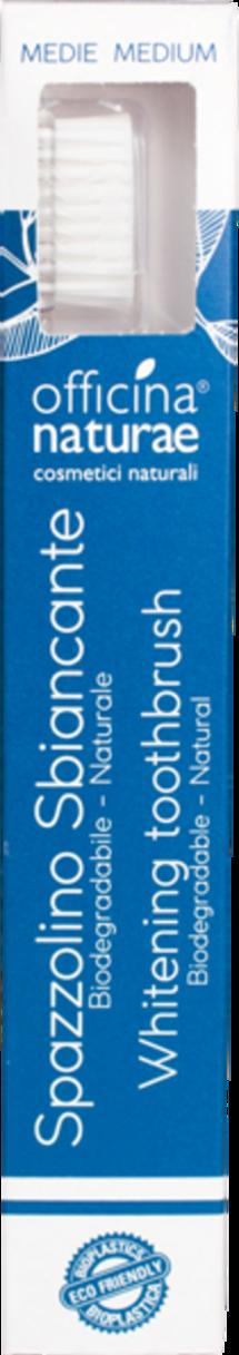 Spazzolino sbiancante Officina Naturae in bioplastica per igiene orale sostenibile e vegana, con carbonato di calcio per denti più bianchi.