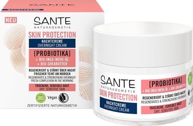 SANTE Skin Protection Crema Notte biologica 50ml per pelli sensibili e secche. Rigenerante e idratante con probiotici e olio di inca inchi. Celebra la bellezza reale con VeroBelloBio.