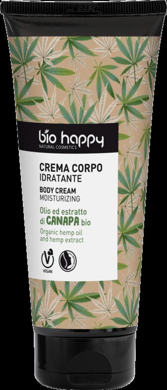 Bio Happy Crema Corpo Idratante con canapa biologica per tutti i tipi di pelle, certificata NaTrue e vegana, per una bellezza consapevole e autentica