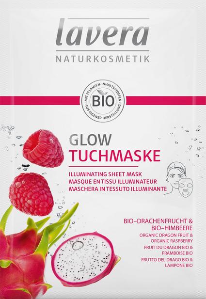 Maschera illuminante in tessuto Lavera con dragoncello e lampone bio per idratazione intensa e luminosità naturale. Ideale per una pelle radiosa e un rituale di bellezza consapevole.