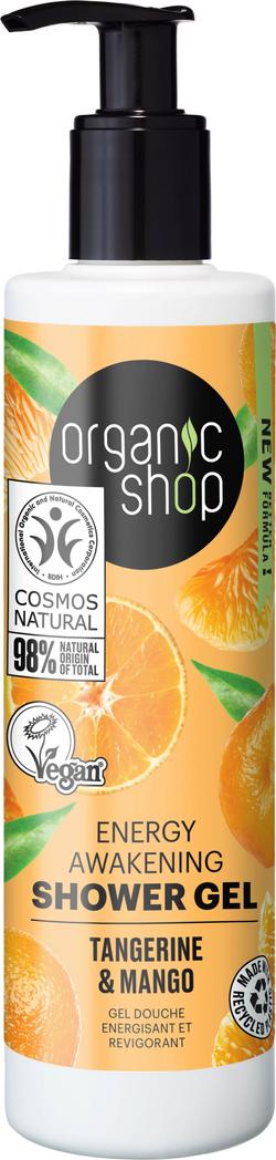 Gel doccia energizzante Organic Shop al mandarino e mango per una pelle nutrita e un benessere autentico. Parte della selezione VeroBelloBio per la bellezza consapevole.