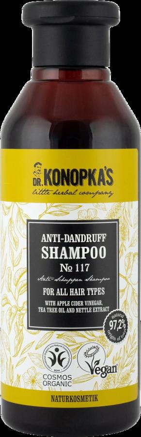Shampoo biologico anti-forfora Dr. KONOPKA'S Nº117 per cuoio capelluto sensibile, formula vegana con aceto di mele e tea tree