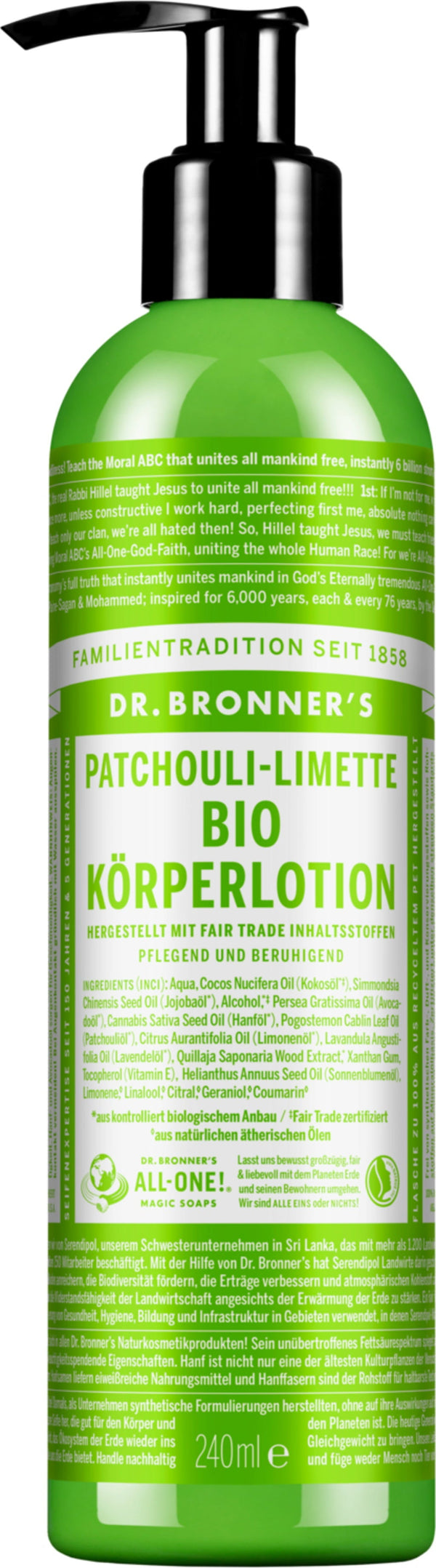 Lozione corpo bio Dr. Bronner's Patchouli e Lime, idratante e rinfrescante per pelle morbida e profumata. Flacone da 240 ml.