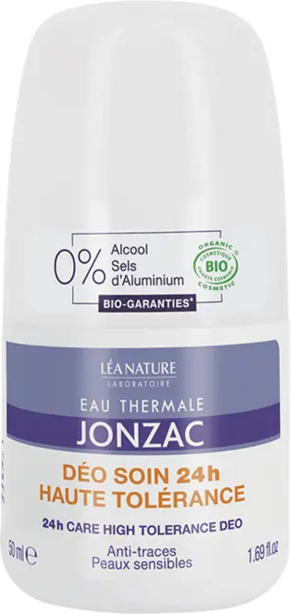 Deodorante ipoallergenico roll-on Eau Thermale Jonzac Nutritive 50ml per pelli sensibili, senza alluminio e alcool. Certificato bio e vegan.