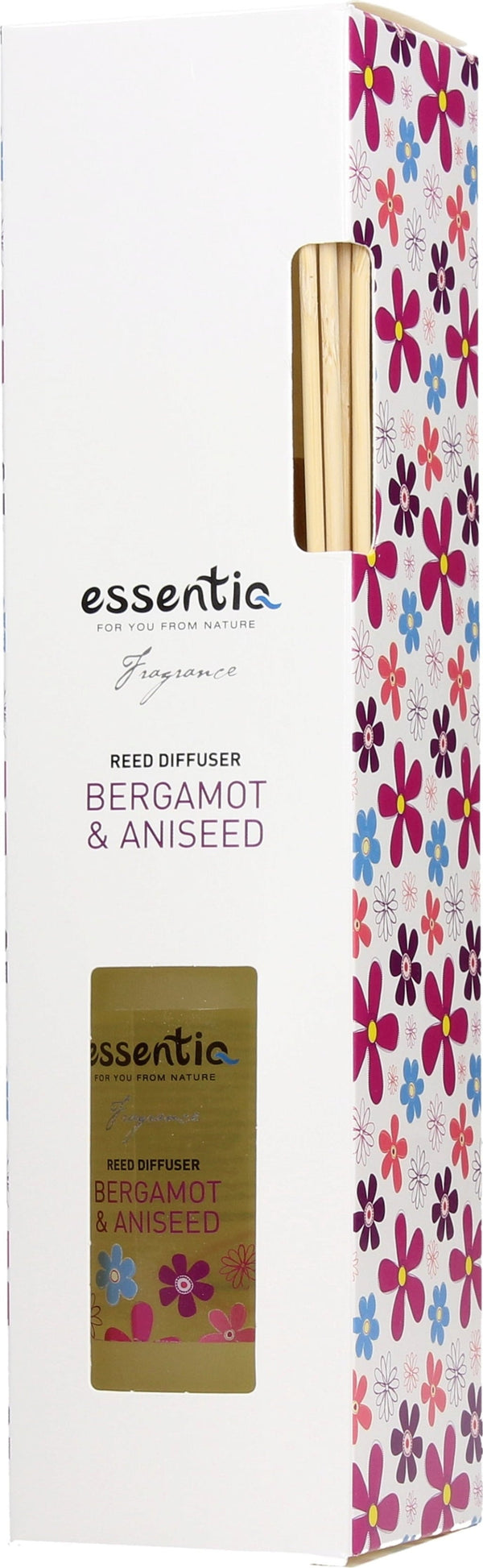 Diffusore ambiente Essentiq Bergamotto e Anice, 250ml. Fragranza naturale per il benessere della casa, con flacone in vetro riciclabile e bastoncini in rattan.