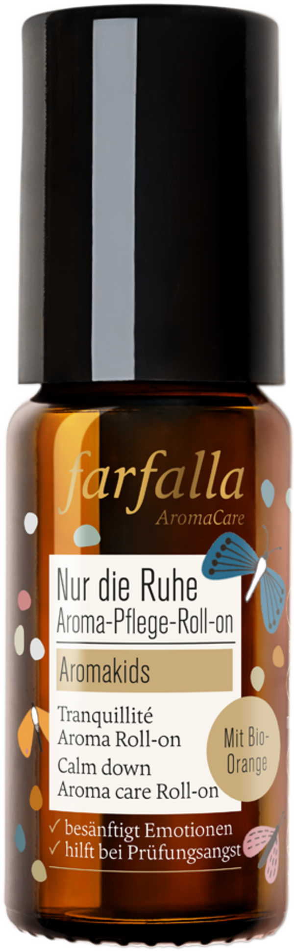 Roll-on aromaterapico Farfalla Aromakids "Pace e Calma" per bambini, con oli essenziali naturali di camomilla, lavanda e cedro, in flacone da 10 ml. Su VeroBelloBio.