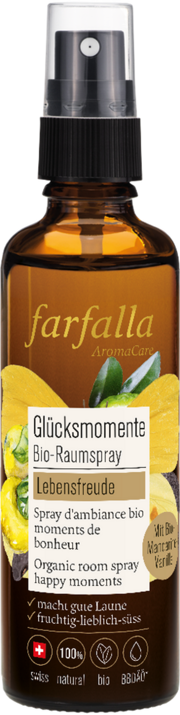 Spray per ambienti biologico Farfalla con note di vaniglia e mandarino, flacone da 75 ml, per un'atmosfera di benessere in casa. VeroBelloBio.