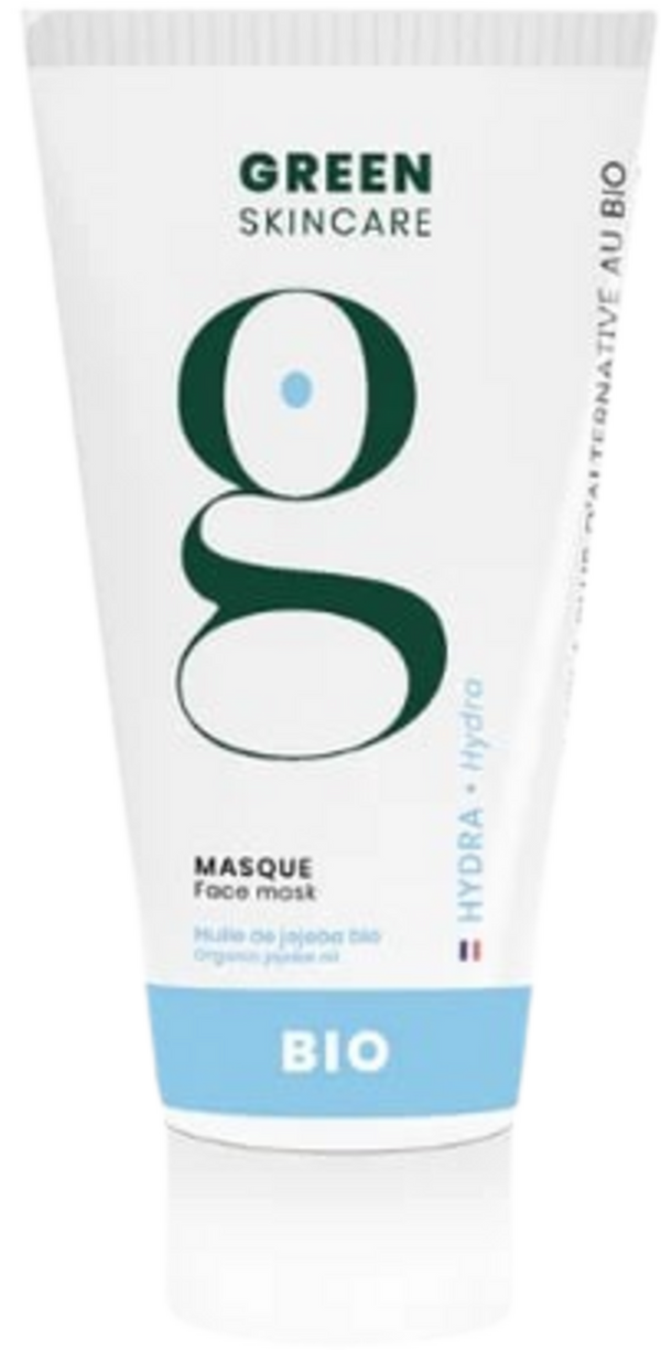 Maschera viso idratante Green Skincare HYDRA 50ml per tutti i tipi di pelle, con oli biologici. Confezione su sfondo naturale.