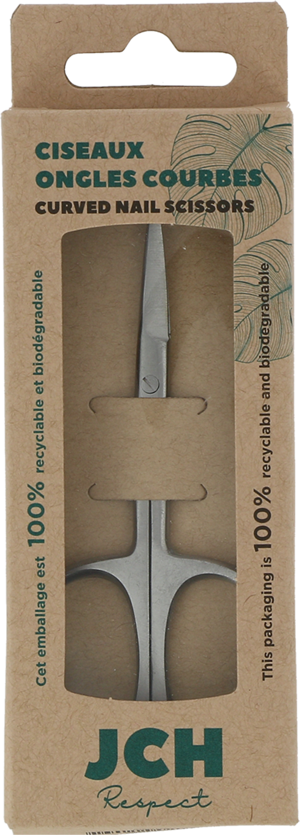 Forbici curve per unghie JCH Respect in acciaio riciclato, ideali per manicure e pedicure precise e sostenibili. Perfette per unghie curate con stile e rispetto per l'ambiente.