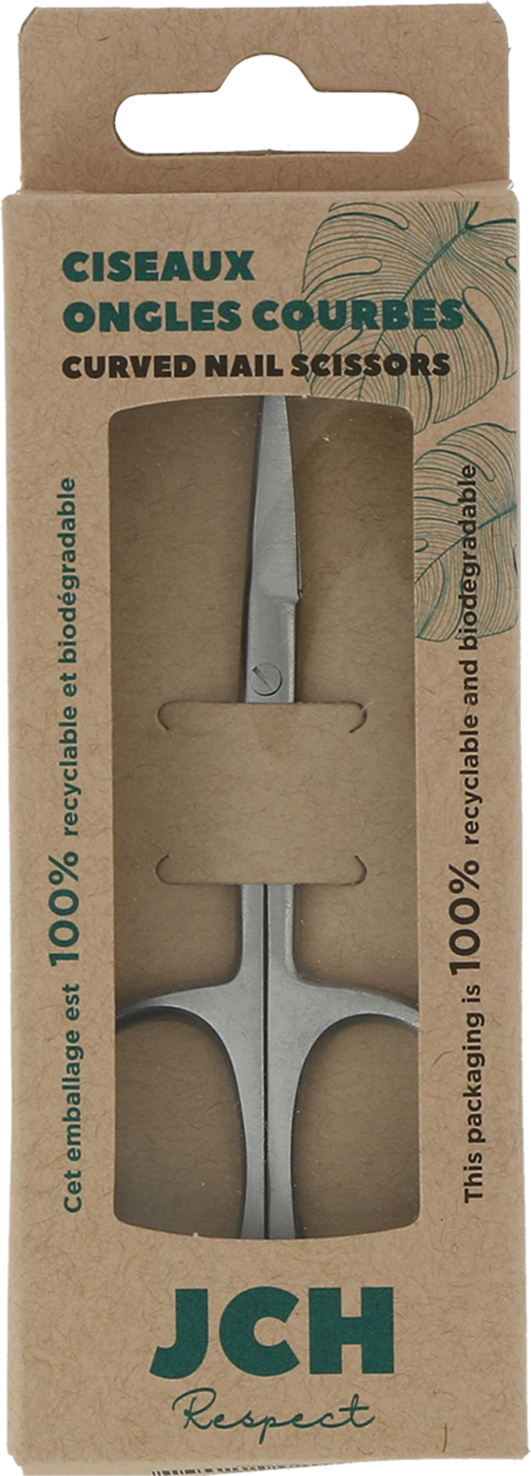 Forbici curve per unghie JCH Respect in acciaio riciclato, ideali per manicure e pedicure precise e sostenibili. Perfette per unghie curate con stile e rispetto per l'ambiente.