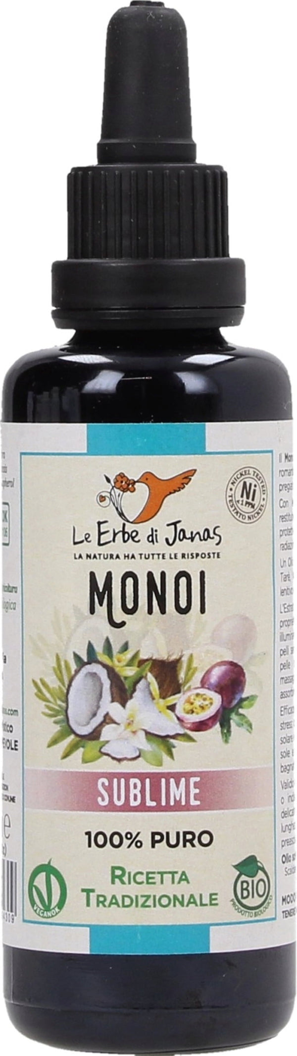 Le Erbe di Janas Olio Rigenerante Antiage Monoi Sublime 50ml. Olio idratante e protettivo con ingredienti naturali come Monoi, frutto della passione, cocco e vaniglia, ideale per viso, corpo e capelli.