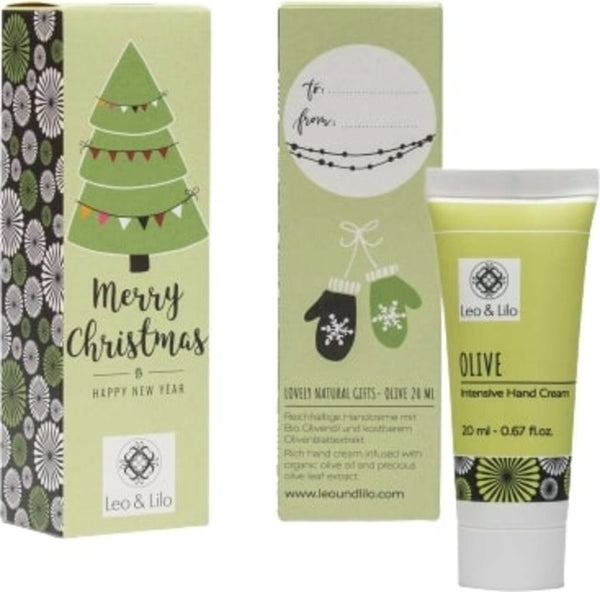Crema mani biologica Leo & Lilo "Buon Natale" con olio d'oliva, idratante e nutriente per pelle secca. Confezione regalo natalizia.