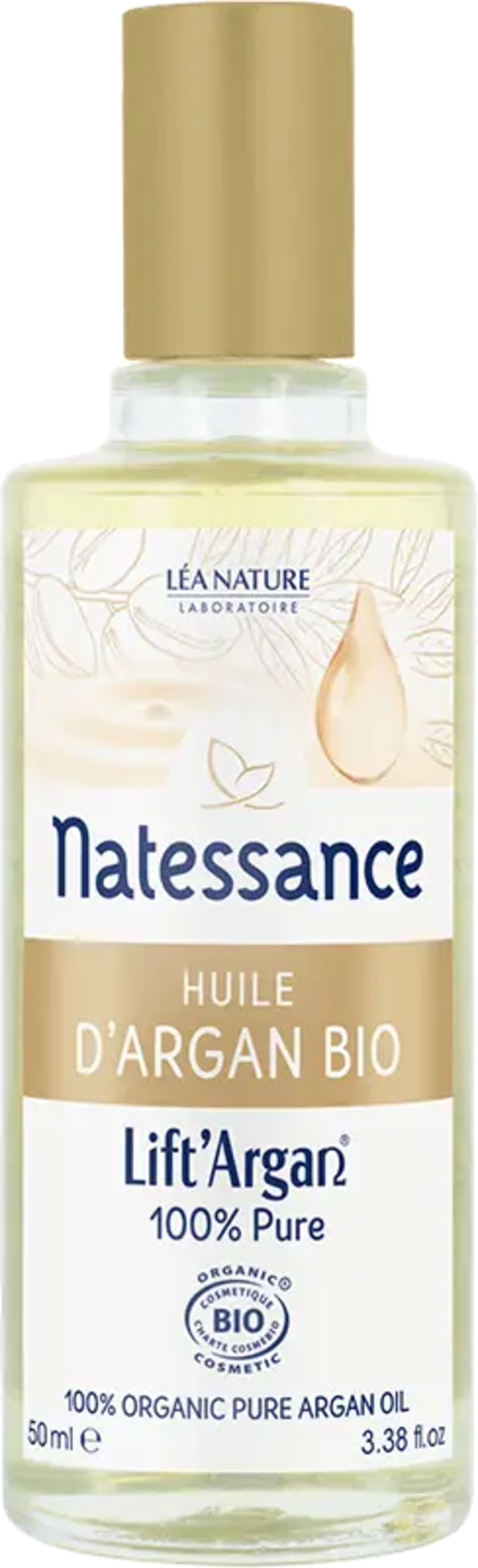 Flacone di Olio di Argan puro Natessance Lift'Argan 50 ml, con etichetta verde salvia su sfondo naturale e morbido. L'immagine trasmette autenticità e cura della pelle.