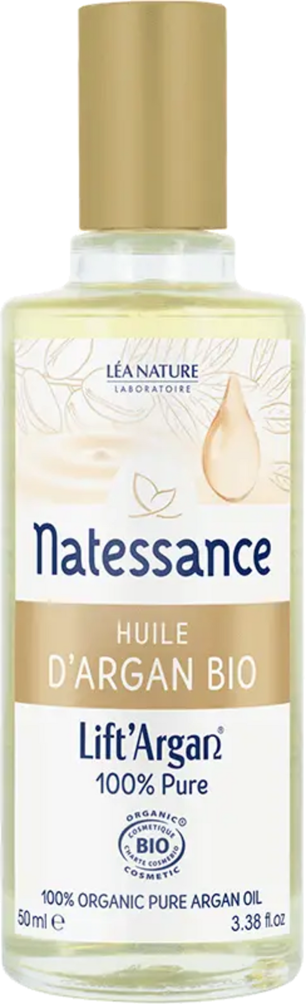 Flacone di Olio di Argan puro Natessance Lift'Argan 50 ml, con etichetta verde salvia su sfondo naturale e morbido. L'immagine trasmette autenticità e cura della pelle.