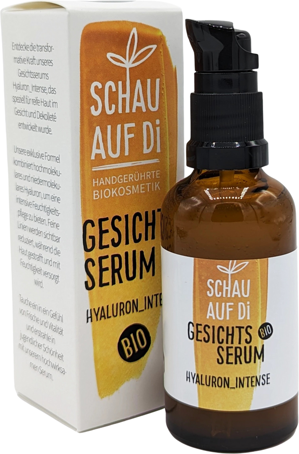 Siero Viso Hyaluron_Intense Schau auf di per idratazione profonda e pelle radiosa. Flacone di vetro con dosatore a pompa, ingredienti bio e acido ialuronico.