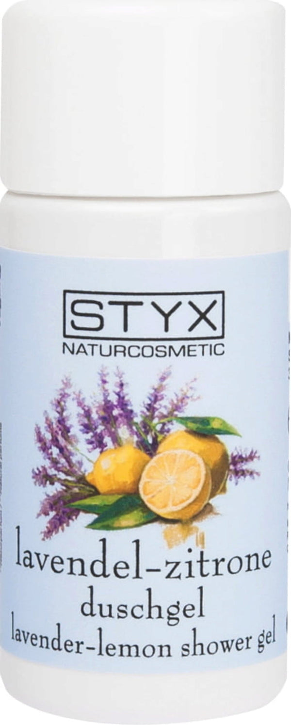 Gel Doccia STYX Lavanda & Limone da 30ml, con packaging eco-friendly, su sfondo naturale che evoca relax e freschezza, certificato ECOCERT, ideale per pelli sensibili.