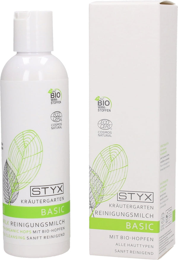Latte detergente viso biologico STYX Kräutergarten Basic con luppolo per pelli sensibili e secche. Certificato ECOCERT e vegano. Confezione da 200 ml.