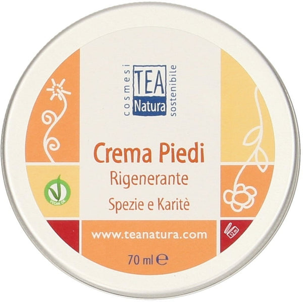 Vasetto di crema piedi rigenerante TEA Natura con spezie e karitè, ideale per piedi secchi e screpolati. Foto naturale e autentica.