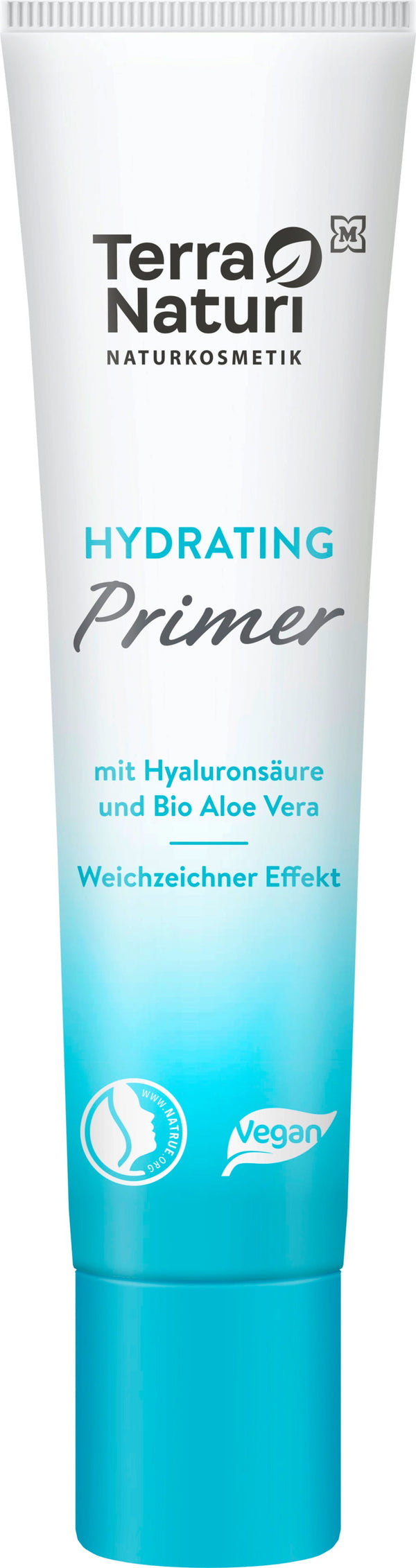 Primer viso idratante Terra Naturi con acido ialuronico e aloe vera biologica per una pelle luminosa e un trucco impeccabile. Bottiglia di vetro su sfondo neutro.