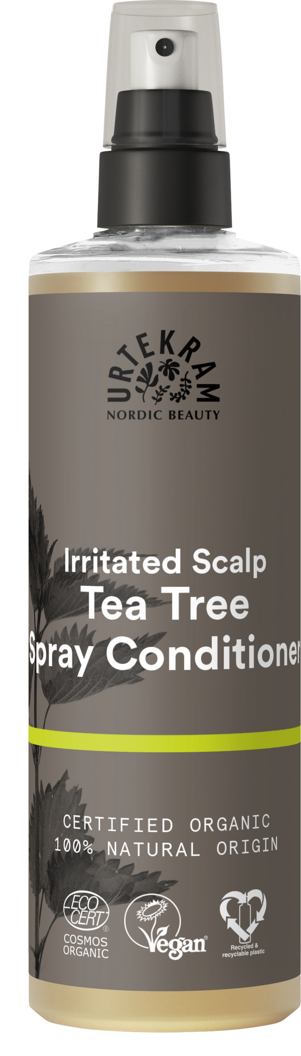 Balsamo spray senza risciacquo Urtekram Tea Tree da 250 ml, con ingredienti bio come aloe vera e olio di tea tree, ideale per lenire il cuoio capelluto irritato e lasciare i capelli morbidi e setosi. VeroBelloBio