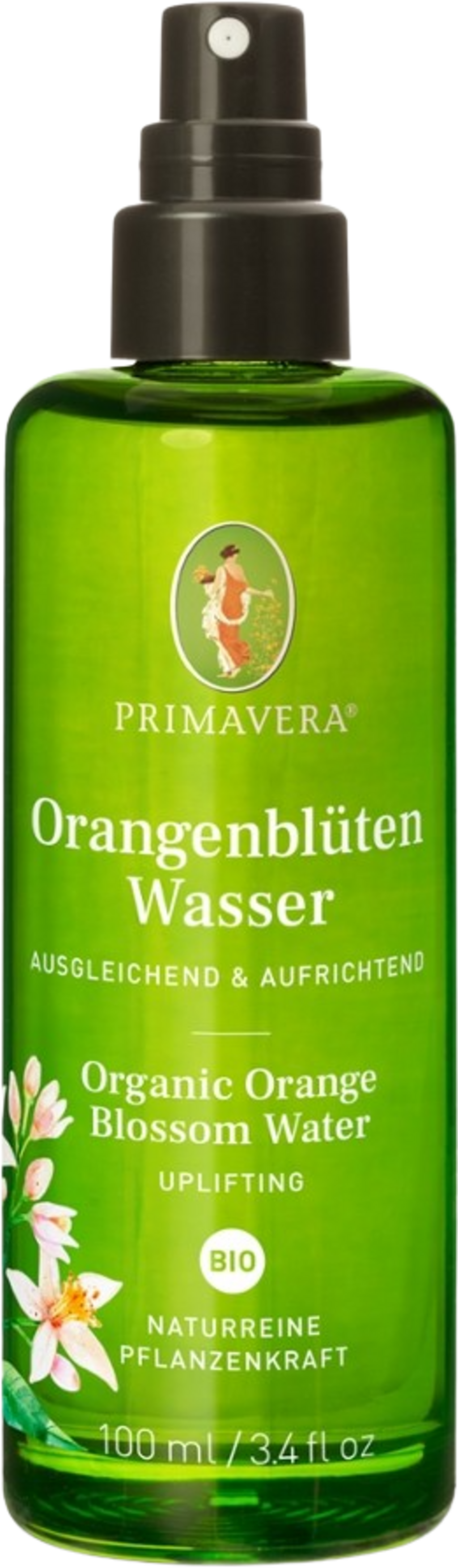 Flacone di vetro dell'Acqua ai Fiori d'Arancio PRIMAVERA 100 ml, idrolato biologico per pelle sensibile e riequilibrante. Dettaglio del prodotto con etichetta verde salvia.