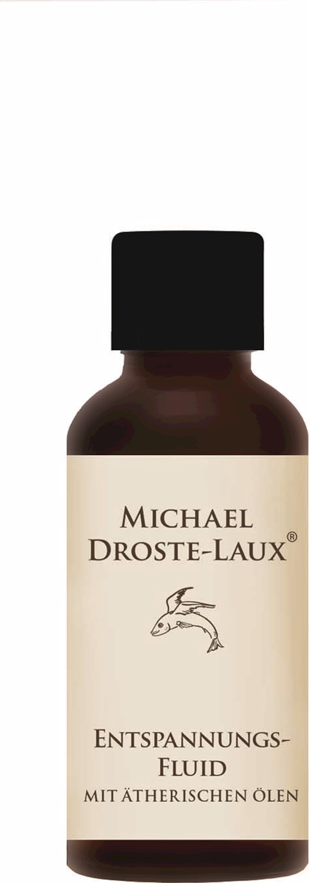 Flacone del Fluido Rilassante Michael Droste-Laux da 50ml, con tappo in legno e etichetta minimal, su uno sfondo naturale e luminoso, che evoca calma e benessere della pelle.