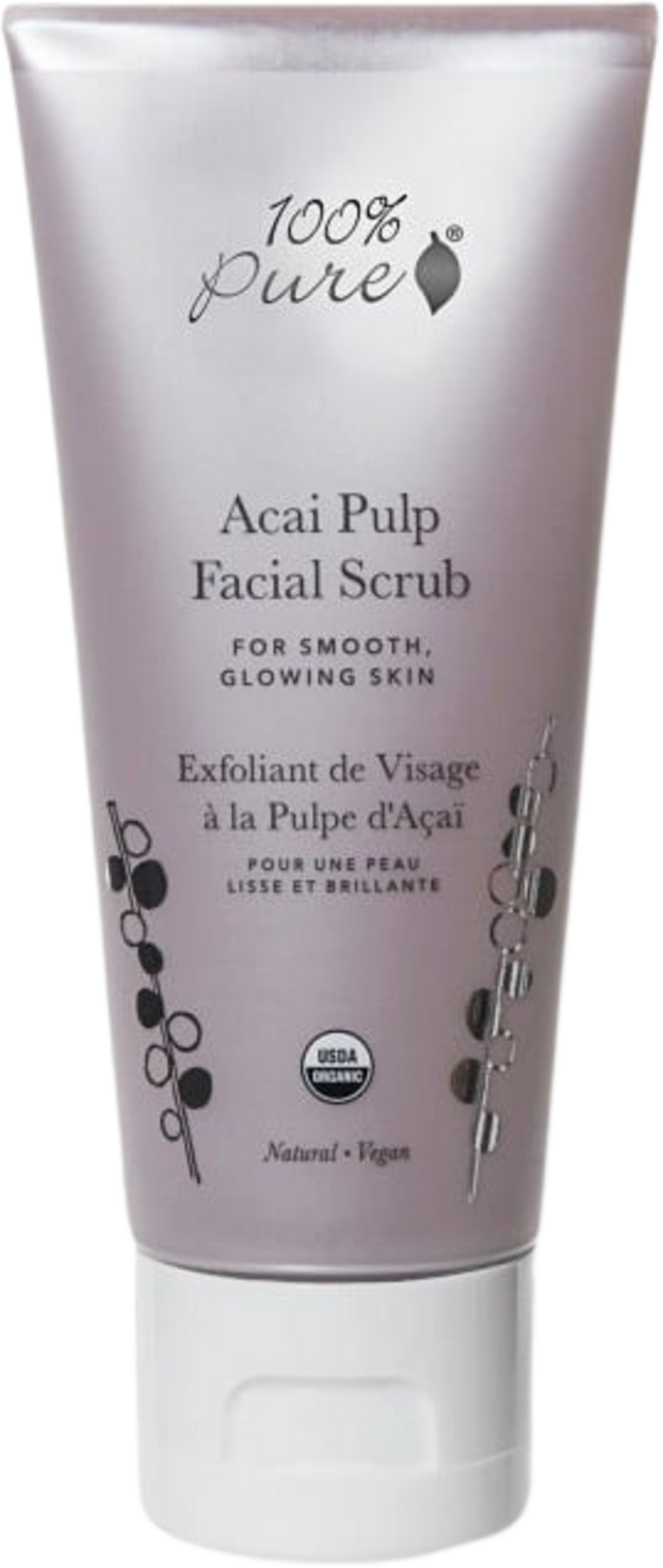 Scrub viso biologico 100% Pure Acai Pulp 59ml, per una pelle radiosa e idratata, certificato USDA Organic. Mostra una donna sorridente che si prende cura della sua pelle con un trattamento di bellezza naturale e consapevole.