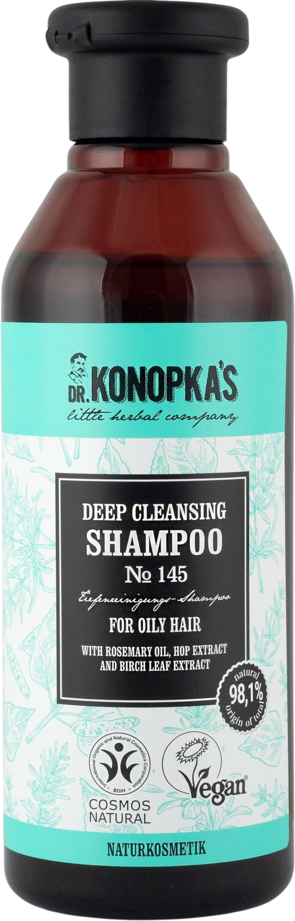 Shampoo purificante biologico Dr. Konopka's N°145 per capelli grassi, certificato vegan e BDIH. Formula con rosmarino e betulla per freschezza e lucentezza.