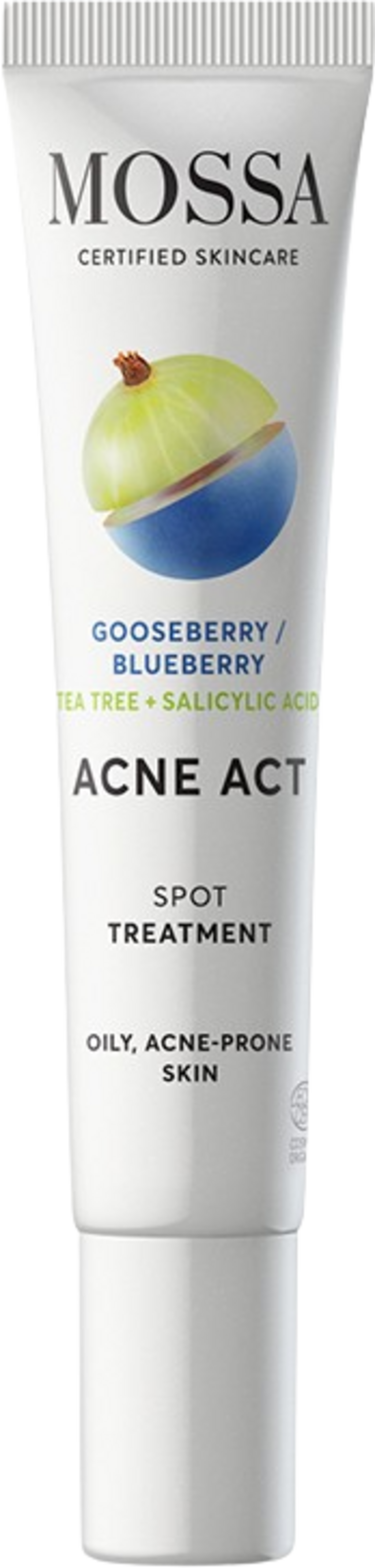 Mossa Acne Act Spot Treatment 15ml, trattamento purificante ecobio per brufoli e punti neri con acido salicilico e olio di tea tree, adatto a pelli grasse e impure, sicuro in gravidanza e vegano.