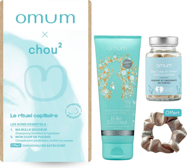 Set regalo per la cura dei capelli Omum x chou² con shampoo bio e scrunchie in raso per future mamme e capelli sani. Bellezza consapevole e naturale.