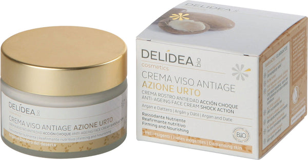 DELIDEA Crema Viso Antiage con Olio di Argan e Dattero, ideale per idratare e tonificare le pelli mature. Vaso con etichetta verde e marrone su sfondo naturale.