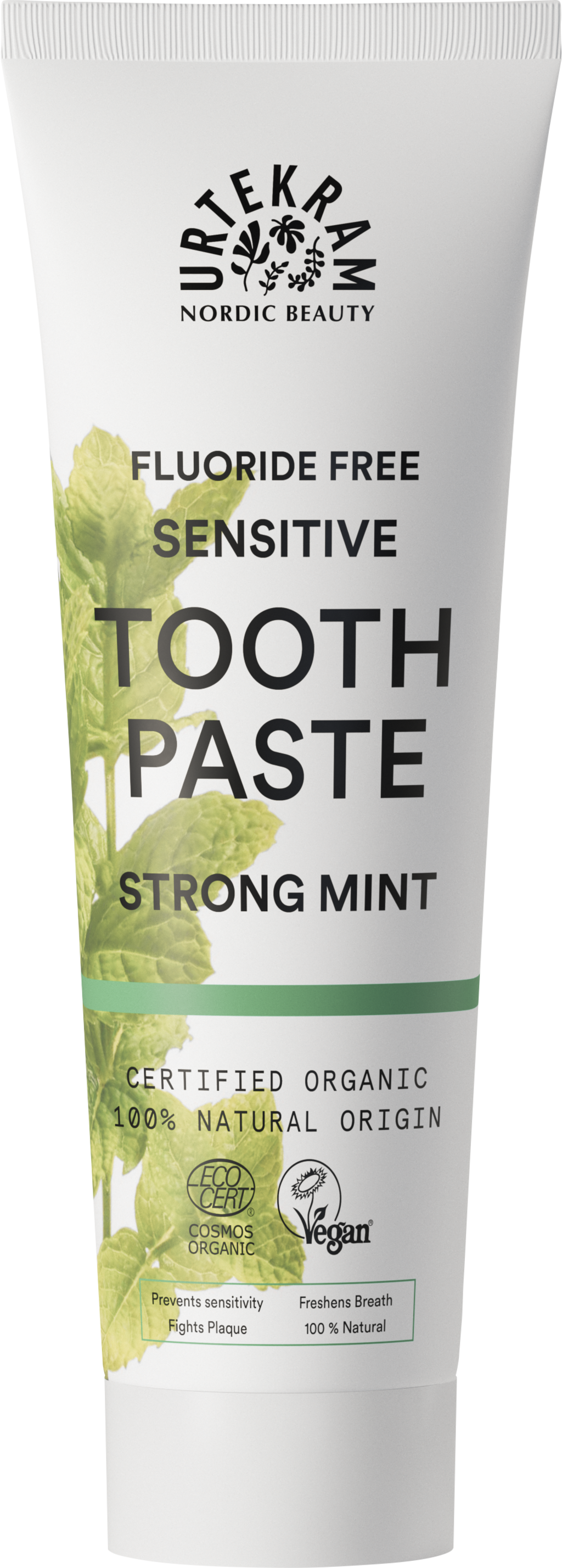 Dentifricio Urtekram Strong Mint Sensitive, biologico e senza fluoro, per denti e gengive sensibili. Promuove l'igiene orale consapevole e un alito fresco.